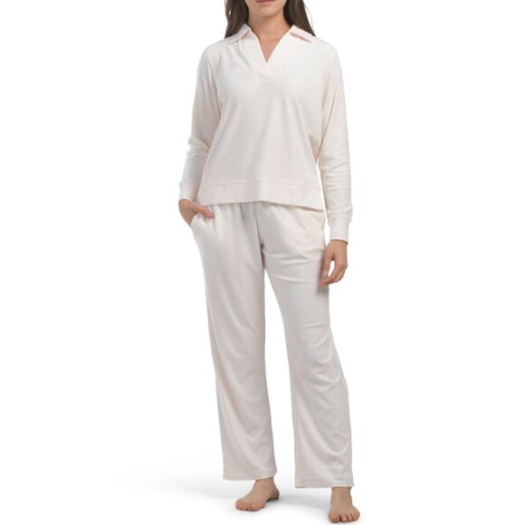 NICOLE MILLER Antique White 2pc Ribbed Velour Johnny Collar Lounge Set - Picture 1 of 2